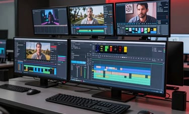 A high-end video editing suite in a dimly lit Brazilian creative office. Multiple 4K color-accurate monitors showing timelines and grading panels. Sleek aesthetics with dark grey furniture and a subtle red light bar.