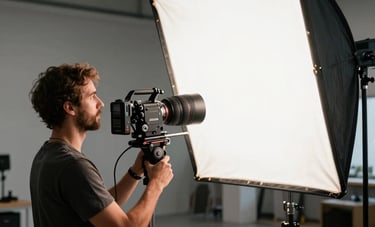A professional Brazilian cinematographer adjusting a large lighting softbox on a modern film set. Industrial interior style with high ceilings, featuring high-quality gear and a premium atmosphere.