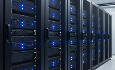 The clean, organized interior of a modern data center in Brazil, featuring rows of high-tech server racks with glowing blue indicators. The composition is sleek and professional, conveying security, scalability, and corporate reliability.