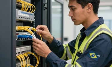 A professional Brazilian telecommunications technician in a corporate uniform and safety gear, carefully inspecting a fiber optic distribution hub in a modern office environment. High-quality photography with crisp lighting and a focus on technological detail.