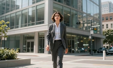A confident professional in smart attire walking towards a modern, glass-fronted office building in a US city during a sunny morning. The composition is clean and airy, with soft shadows and a background of very light grey and light blue-grey architecture.