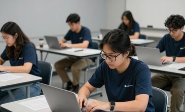 A clean and accessible workshop classroom in the North American / US where a group of focused individuals are participating in a job training session. The lighting is soft and natural, with a color palette of navy and very light grey, emphasizing a modern learning environment.