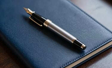 A close-up photograph of a luxury fountain pen and a sealed leather-bound document on a dark mahogany desk. The lighting is low and sophisticated, conveying a mood of privacy and elite service in an international professional setting. Tones of maastricht blue and shadow blue prevail.
