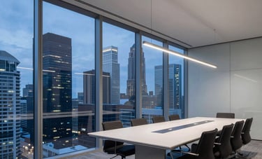 An expansive interior shot of a minimalist, glass-walled conference room overlooking a high-rise city skyline during the blue hour. The space reflects a highly professional, international atmosphere with maastricht blue and platinum accents in a contemporary architectural style.