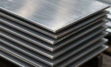 Close-up professional photography of stacked stainless steel sheets and round bars in a South American metal processing plant. High-contrast lighting focuses on the brushed metal grain and sharp edges, conveying premium industrial quality.