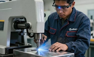 A skilled South American metalworker in professional safety attire using precision cutting machinery in a clean, modern factory. The scene captures blue lens flare and sharp focus on the metallic surface, illustrating high-end industrial service.