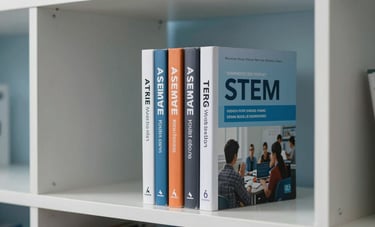 A series of STEM textbooks standing vertically on a minimalist white bookshelf. The background is a soft blue wall in a professional workspace in South Asia. The scene is tidy, sober, and reflects high academic standards and precision.