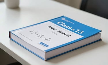 A close-up photograph of a mathematics textbook for Class 11 and 12, featuring a clean blue and white cover design. The book sits on a modern white library table in a Bangladeshi university campus setting. The lighting is precise and bright, emphasizing clarity.