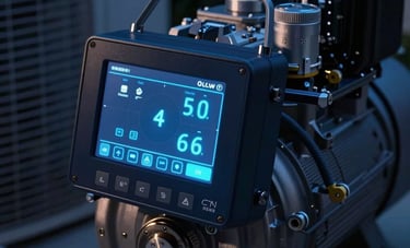 A close-up of a high-end outdoor HVAC compressor with a digital diagnostic screen. Night photography in Miami with deep navy shadows and glowing light blue LED indicators. Sophisticated tech-forward aesthetic showing precision engineering.