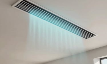 Clean, minimalist photography of a modern linear air diffuser in a high-ceilinged North American / US (Miami) residence. Soft sunlight highlights a light cyan mist representing purified airflow motion. Tech-driven, elegant atmosphere.