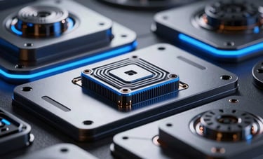 Abstract close-up of futuristic hardware and tech components in a dark minimalist setting. Sky blue neon accents reflecting on metallic surfaces. European high-tech aesthetic.