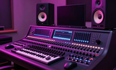 A professional music production desk in a sleek Dutch interior. Magenta and violet neon lighting illuminating studio monitors and a midi controller. Sophisticated dark theme.