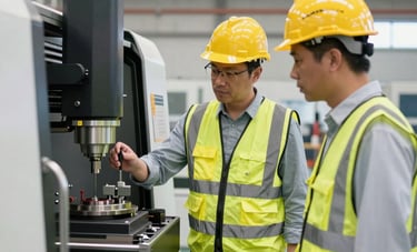 Engineers in hard hats and safety vests inspect an automated CNC industrial machine in a factory.