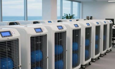 A rows of high-performance industrial dehumidifiers and blue air movers drying a modern office space in Miami. Sharp focus, professional equipment, ocean blue and crisp white tones. South Florida / US.