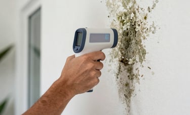 Photography of a moisture detection specialist using an infrared camera to check for mold behind a wall in a Coral Gables residence. Professional, clean, and modern. South Florida / US setting.