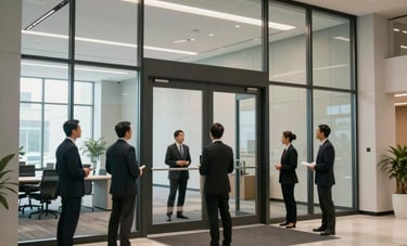 A wide-angle interior shot of a modern North American commercial office lobby. Large glass and steel double doors are being inspected by a professional team. The lighting is clean and modern, highlighting the professional atmosphere of the business environment.