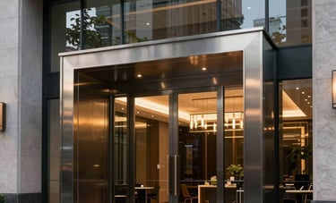 Architectural photography of custom-designed steel and glass entryways for a high-end US building. The lighting is dramatic, emphasizing the metallic finish and the quality of the glass. The style is modern, professional, and sophisticated.