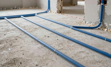 A wide-angle shot of a residential renovation site in a North American home, showing neatly installed new plumbing lines. The workspace is professional, clean, and organized, lit with bright daylight. Steel blue and off-white color palette.