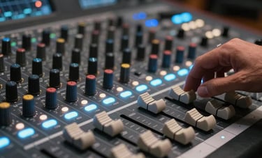 Close-up of a modern audio mixing console in a darkened studio room, sliders being adjusted by a professional in a Global / International setting, glowing sky blue and white indicator lights, tech-forward aesthetic.