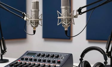 A sleek podcasting setup with two professional microphones on boom arms, a high-end sound mixer, and minimalist headphones in a Global / International studio with deep navy blue accents and white lighting.