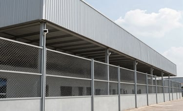 Wide-angle architectural photography of a commercial warehouse in South America secured with high-grade fencing and integrated security cameras. The scene is bright and clean, using light gray and silver tones to emphasize a sense of professional protection.