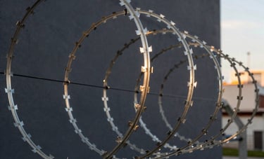 Close-up photography of a high-security concertina wire coil with sharp galvanized steel blades. The background is a dark gray industrial wall in a South American urban environment. Lighting is dramatic from a sunset, highlighting silver textures.