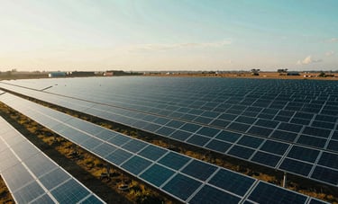 Cinematic photography of a massive solar farm located in the vast Colombian plains. Deep teal and dark blue solar arrays stretching towards the horizon under a soft golden hour sky. Forward-thinking and professional aesthetic representing environmental leadership.