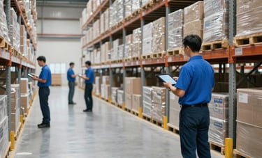 Interior of a modern, clean logistics warehouse with light gray polished floors and high ceilings. Staff in professional blue attire managing inventory with digital tablets. International / Global corporate setting.
