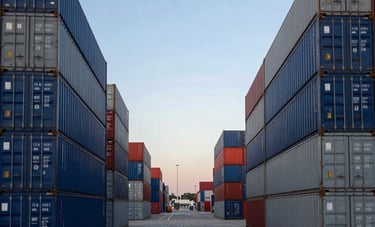 A clean and organized container terminal at a major international port. Symmetrical stacks of blue and gray shipping containers against a clear afternoon sky. International / Global commercial port facility.