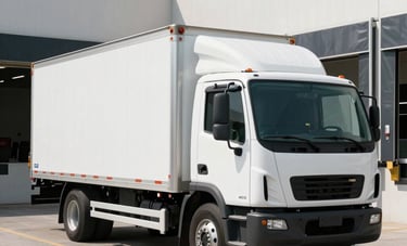 A professional white box truck parked near a clean loading dock in a North American business district. The setting is modern and streamlined, showing professional logistics in action.