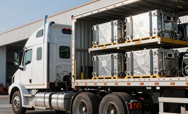 A heavy-duty semi-truck with a flatbed trailer loaded with neatly secured industrial equipment at a modern US logistics hub. The scene is crisp with steel blue sky and professional lighting.