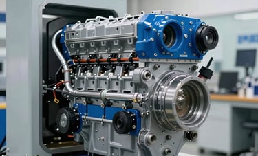 Modern automotive testing facility in Brazil featuring an engine on a dynamometer. Technical lighting highlights the cool steel blue and pale frost gray surfaces of the equipment. Sharp, professional photography capturing technical excellence.