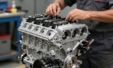 A South American mechanic in a professional uniform inspecting a fully reassembled high-performance engine. Crisp focus, clean workshop background, light pewter gray and deep slate gray color palette.