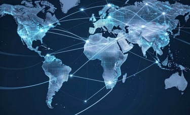 A dynamic composition of digital light trails moving through a global network, symbolizing seamless digital transformation. Professional steel blue and navy tones in a clean, sophisticated International / Global atmosphere.
