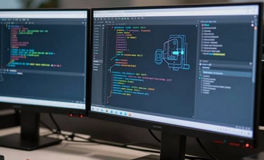 A close-up of a high-performance computer workstation with triple monitors showing clean, modern code and futuristic UI architecture. Lighting is professional and focused, featuring deep blue and off-white accents in an International / Global office.