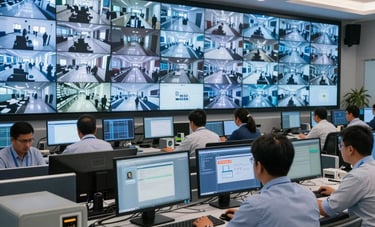 A sophisticated security operations center in a South Asian tech hub, showing professional staff in formal attire monitoring a large wall of CCTV security displays, modern equipment, cool blue and white lighting.