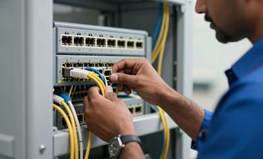 Close-up photography of a professional technician in a blue uniform installing structured networking cables in a modern Indian commercial building, precise execution, high-end technology infrastructure.