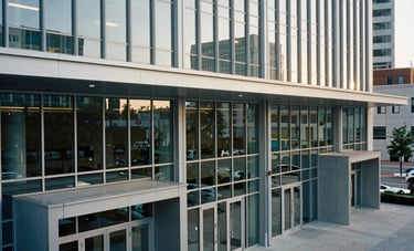 High-angle view of a large-scale modern corporate facility in a North American / US metropolitan area. Multiple glass entrance doors reflecting a clear sky.