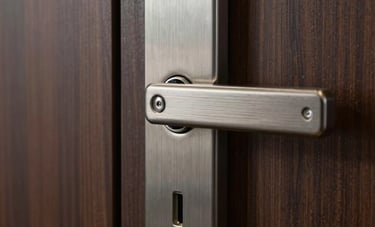 Macro photography of a high-end, brushed metal electronic door lock system on a dark wood grain door. Modern North American / US office setting with soft lighting.