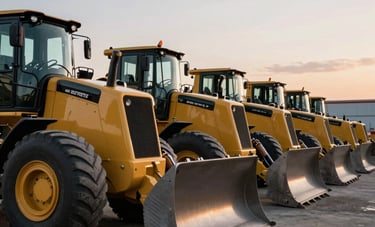 A row of powerful yellow bulldozers and graders parked neatly at a professional North American industrial yard, dusk lighting, reflecting a high-standard of fleet management.