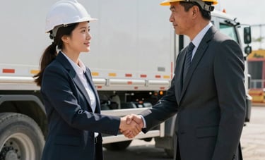 A professional North American business interaction where a specialist and a contractor shake hands in front of a heavy-duty transport truck at a construction staging area.