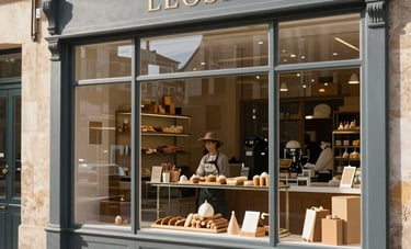 A charming, authentic French bakery storefront in the Lot region, morning sunlight hitting the glass window, reflecting a clean and modern professional atmosphere, European architecture.