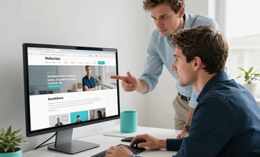 Two European professionals in a bright, contemporary French office space, discussing a website project on a large monitor, clean white walls, natural light, turquoise desk accessories.