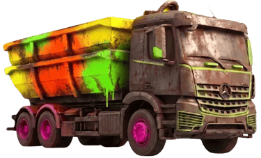 Camion de location avec  deux bennes de 8m3, style industriel et couleurs spray fluo.