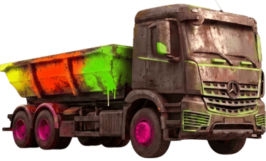 Camion Bordeaux Benne avec petite benne de 8m3 peinte en graffiti fluo pour gravats.