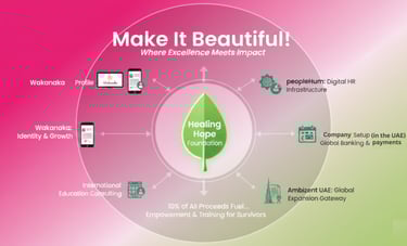 Wakanaka ecosystem infographic showing partnerships for global business, digital HR, and education.