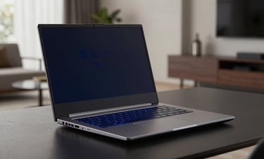 Powerful gaming laptop with a backlit keyboard showing navy blue light, placed on a dark desk. Professional studio photography, sharp focus, modern Italian apartment interior in the background.