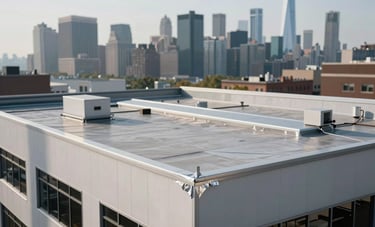 A wide shot of a modern flat roof on a commercial building in Manhattan, featuring clean industrial design and silver sealant, with the New York City skyline softly blurred in the background.