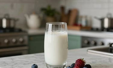 An elegant lifestyle photograph showing a glass of kefir with fresh berries on a marble countertop. In the background, a blur of a modern, clean kitchen in a Mexican villa. Soft lighting, sophisticated and peaceful atmosphere with muted green accents.