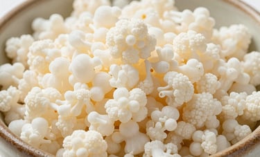 Macro photography of healthy, white kefir grains (búlgaros) in a traditional Mexican ceramic bowl. The lighting is crisp and bright, showing the unique cauliflower-like texture. Minimalist composition with a focus on purity and quality.